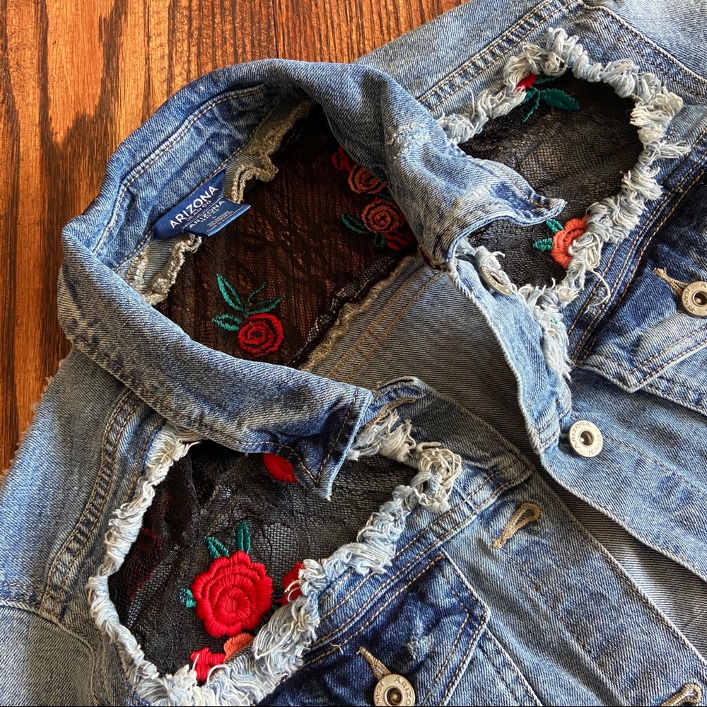 Arizona Distressed Rose Lace Insert Denim Jacket